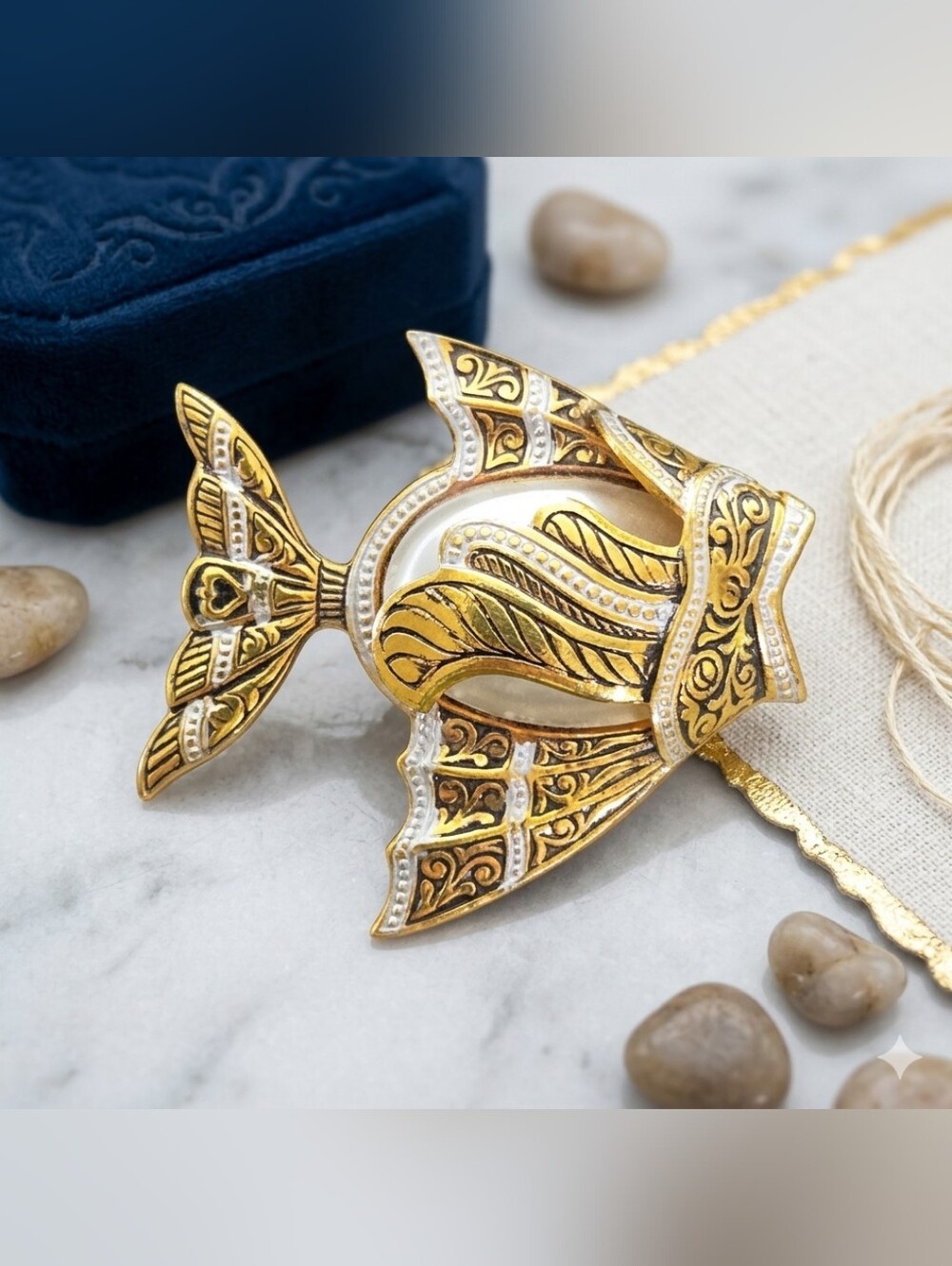 Spain Gold Tone Pearl Belly  ish Brooch - Spanish Damascene Jewelry